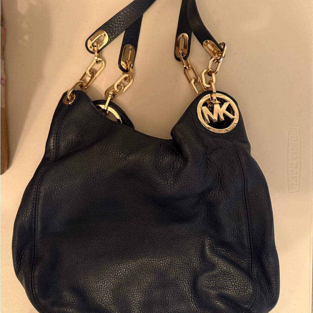 Michael Kors Navy Leather Shoulder Bag with Gold Accents